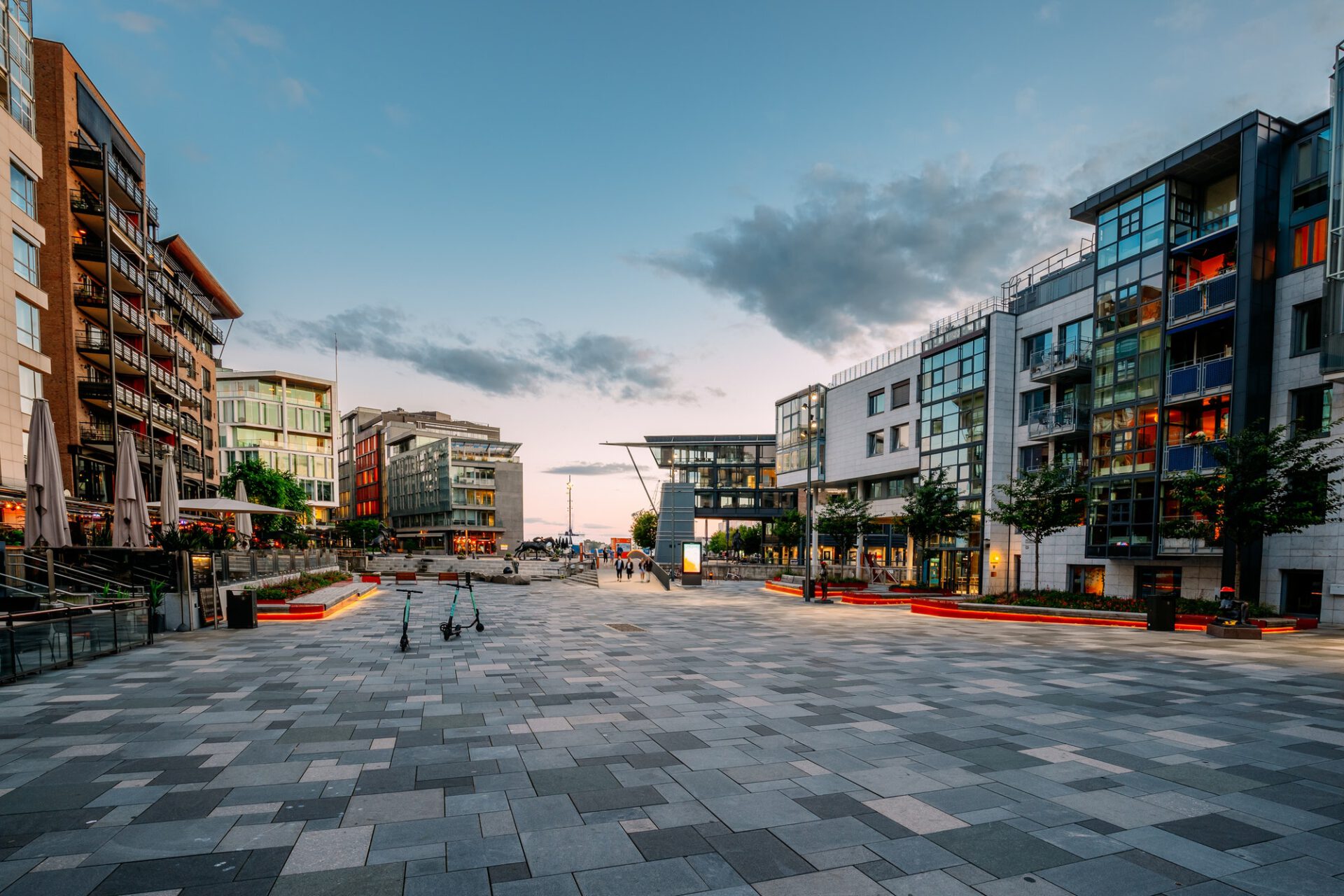 Oslo, Norway. Residential Multi-storey Houses In Aker Brygge District In Summer Evening. Famous And